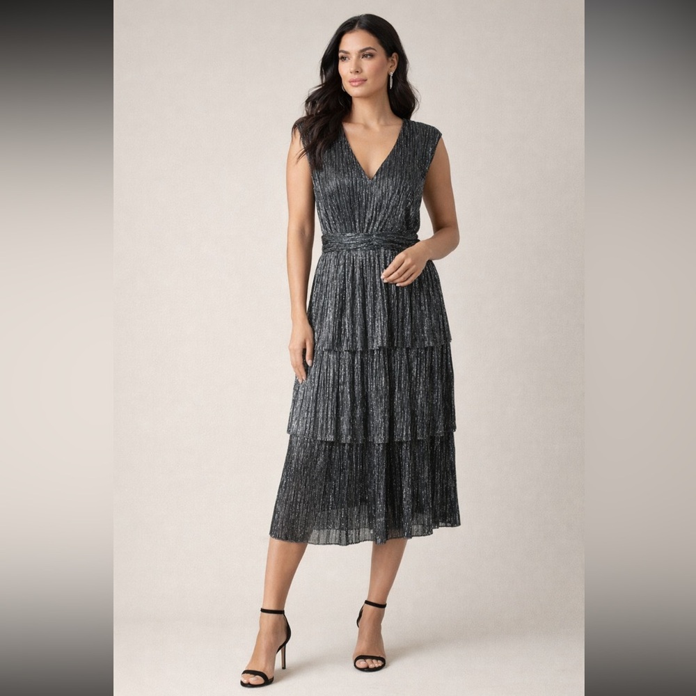 Halogen Metallic Pleated Midi Dress V-Neck Tiered Sleeveless Black Silver Sz 1